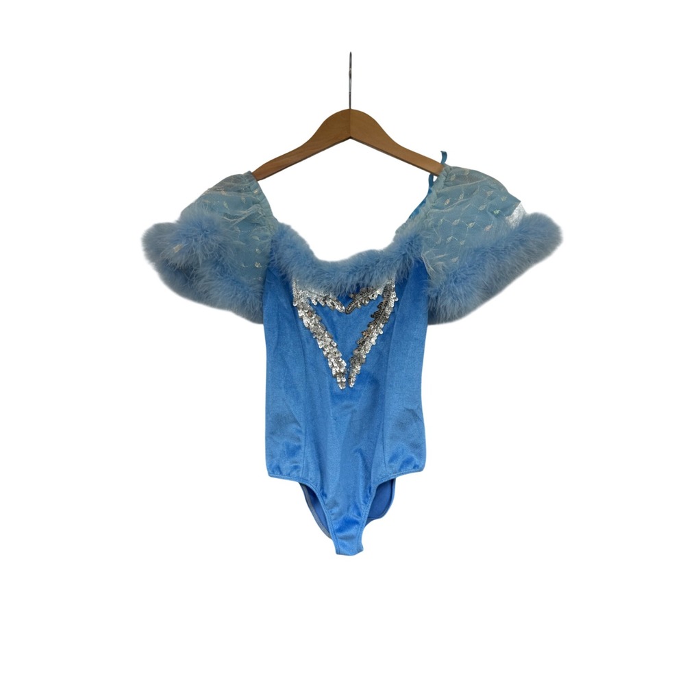Art Stone Blue Velvet Dance Leotard Costume Sequin Heart Marabou Feather Kids M